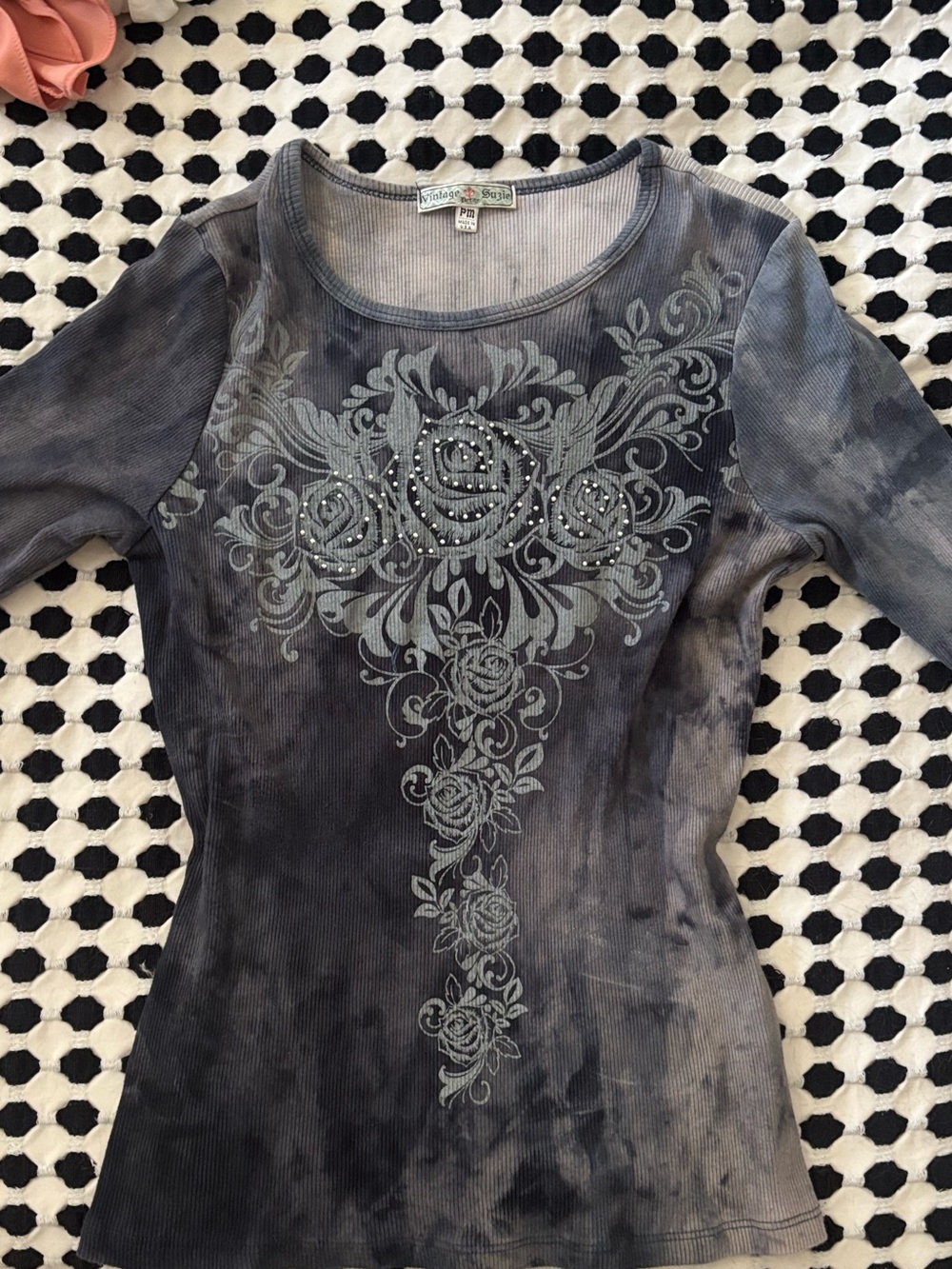 Vintage Suzie Gray Tie-Dye Long Sleeve Floral Embellished Top